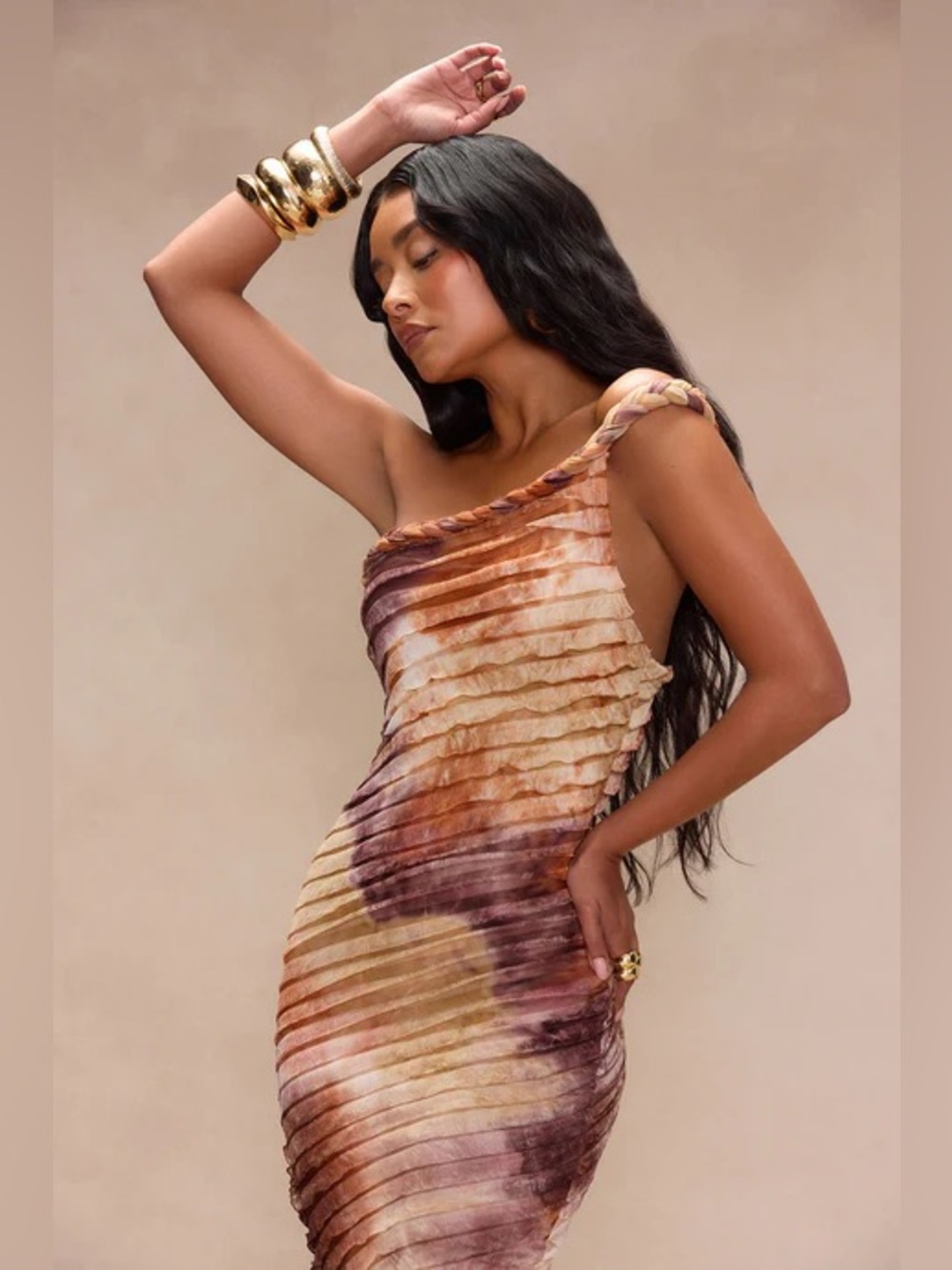 Fashion Nova One-Shoulder Tie-Dye Ribbed Maxi Dress in Brown and Cream - Picture 5 of 9
